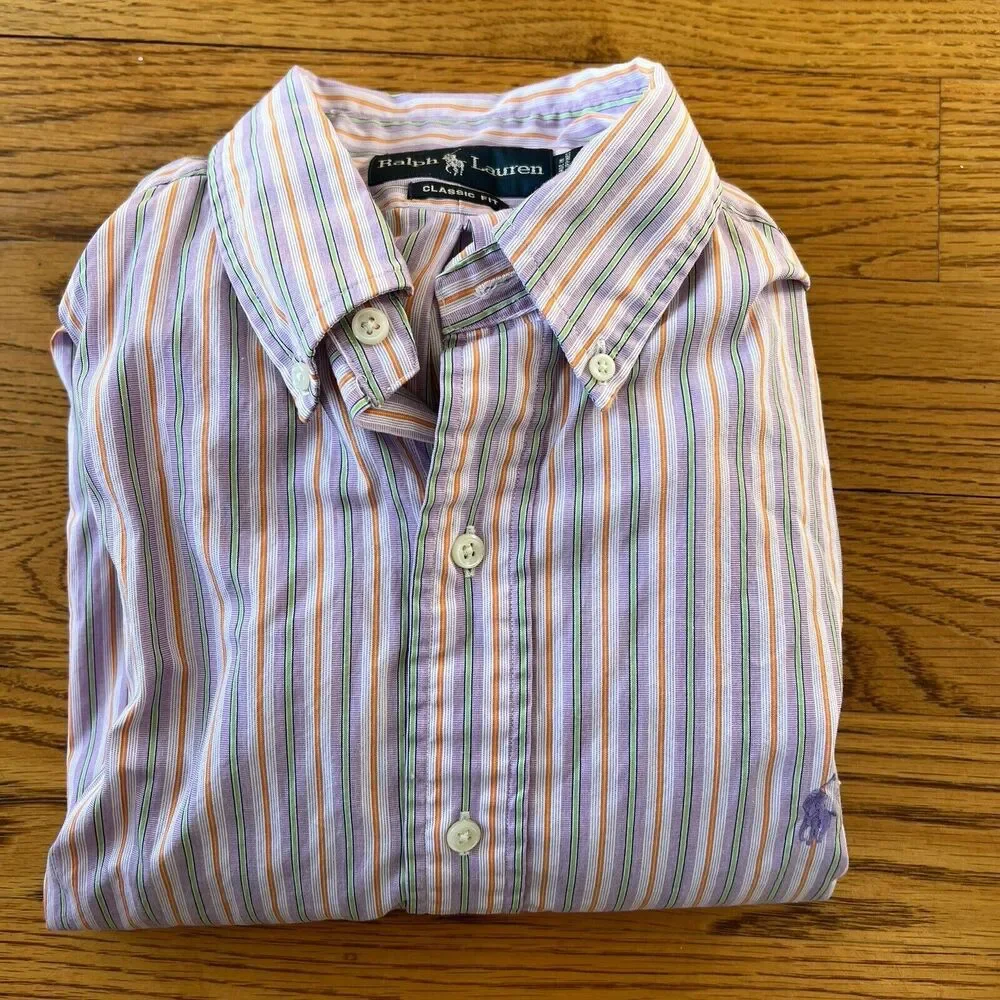 Polo Ralph Lauren Men's Shirt Long Sleeve Pink Green Orange Striped Size‎ L